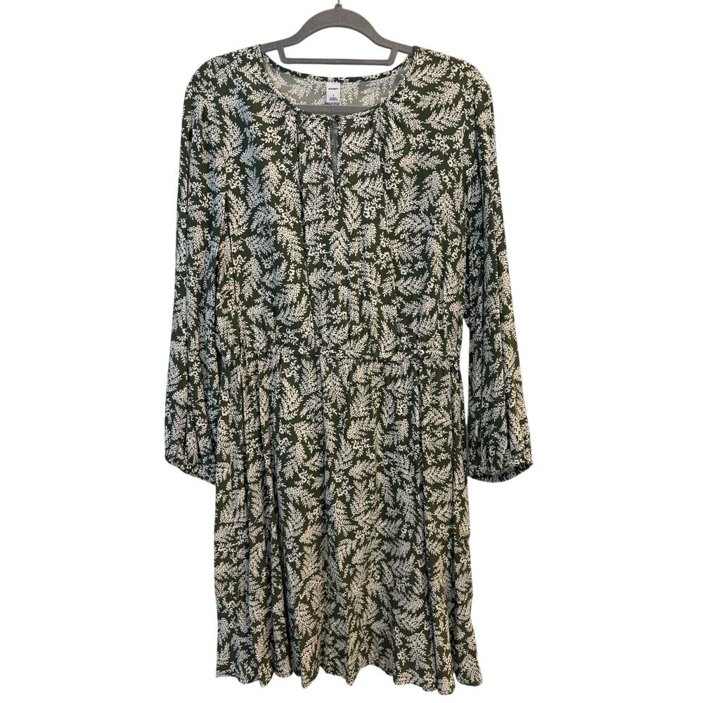 Old Navy Green Leafy Floral Long Sleeve Waist Defined Keyhole Mini Dress Large